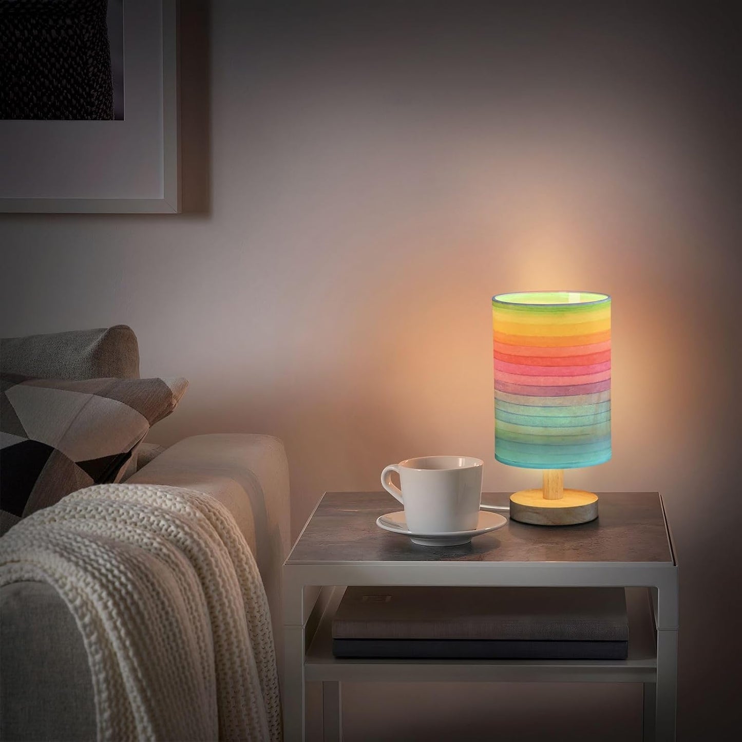 Table Lamp Colorful Striped Watercolor Bright Color Rainbow Print Nightstand Lamp with Wood Base Fabric Lamp Shade Bedside Desk Lamp for Living Room Bedroom Kids Room Office
