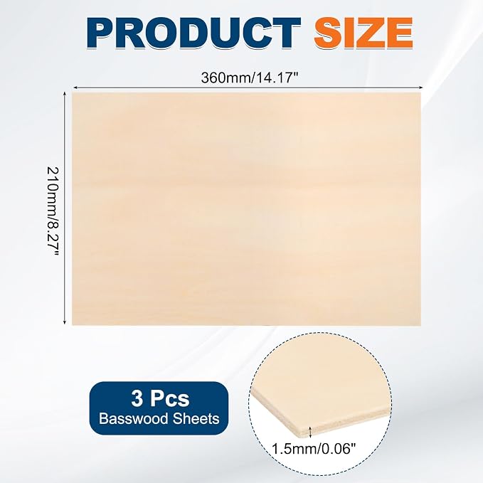 MECCANIXITY 3pcs Basswood Sheets 14 x 8 x 1/16 Inch Unfinished Wood Boards