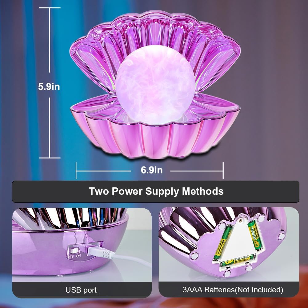 Shell Pearl Beach Themed Night Light, RGB 8 Colors Changing Mood Shell Pearl Lamps, Bedside LED Clamshell Portable Night Lights for Bar (Electroplating Purple)