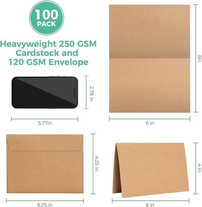 Ohuhu 4x6 Blank Brown Kraft Cards and Self-Seal Envelopes 100 Pack | 4"x6"