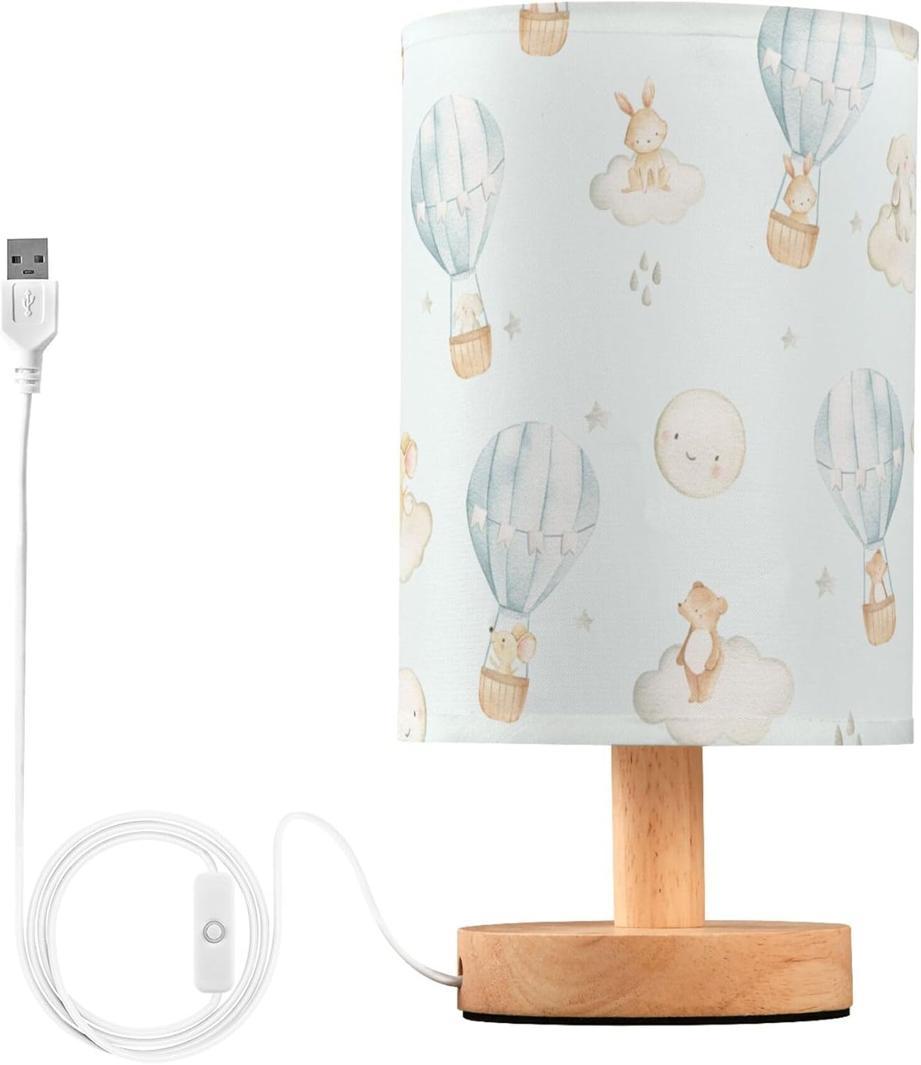 Table Lamp Watercolor Hot Air Balloon Elephant Rabbit Bear Mouse Moon Star Nightstand Lamp with Wood Base Fabric Lamp Shade Bedside Desk Lamp for Living Room Bedroom Kids Room Office