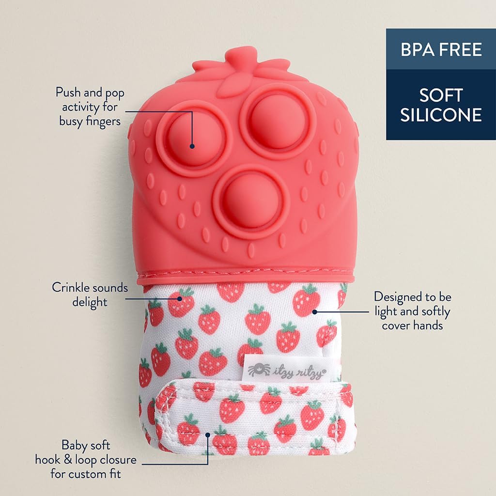 Itzy Ritzy Silicone Teething Mitt - Soothing Infant Teething Mitten with Adjustable Strap, Crinkle Sound & Textured Silicone to Soothe Sore & Swollen Gums - for Ages 3 Months & Up (Strawberry)
