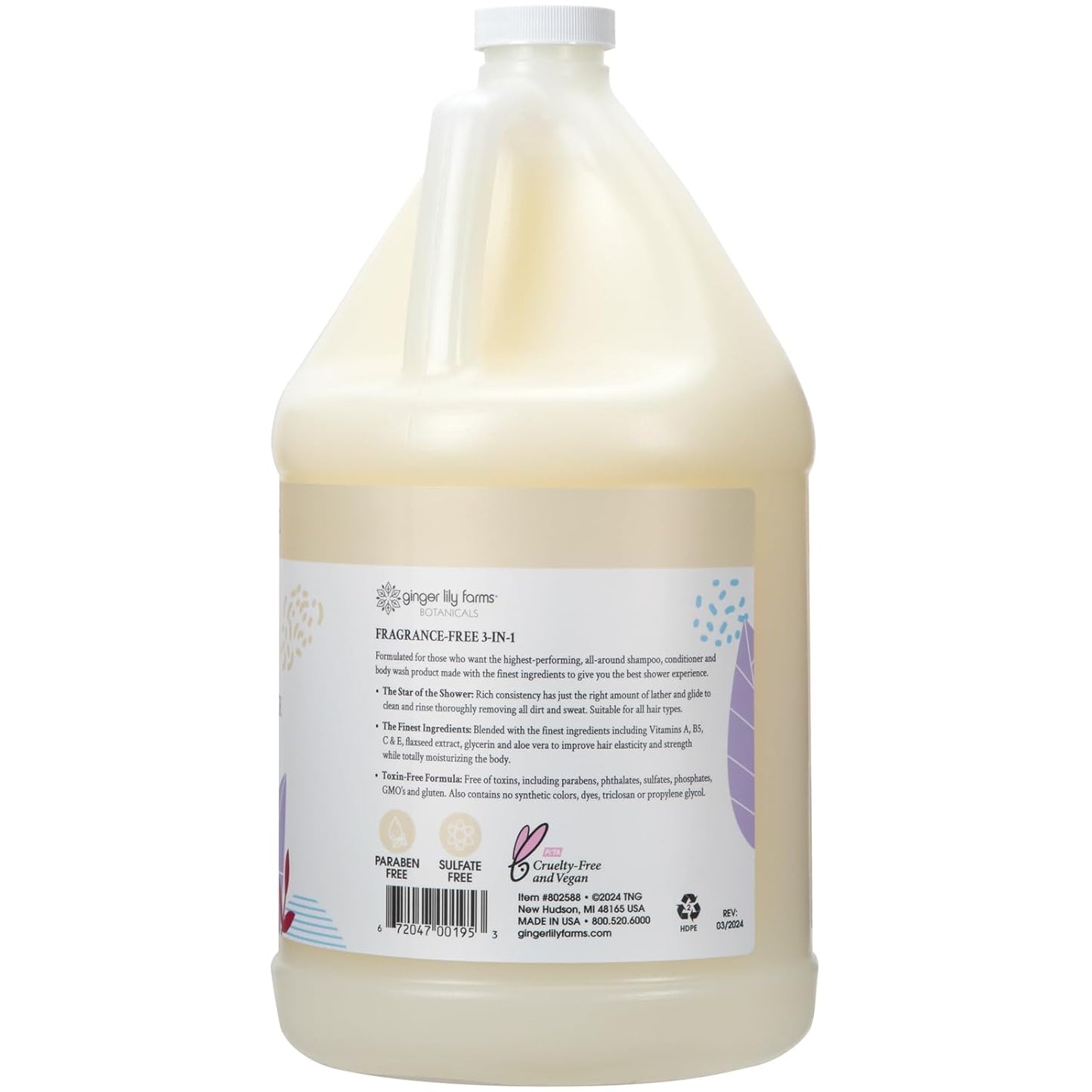 Ginger Lily Farms Botanicals 3-in-1 Shampoo, Conditioner & Body Wash, 100% Vegan & Cruelty-Free, Fragrance Free, 1 Gallon (128 fl oz) Refill