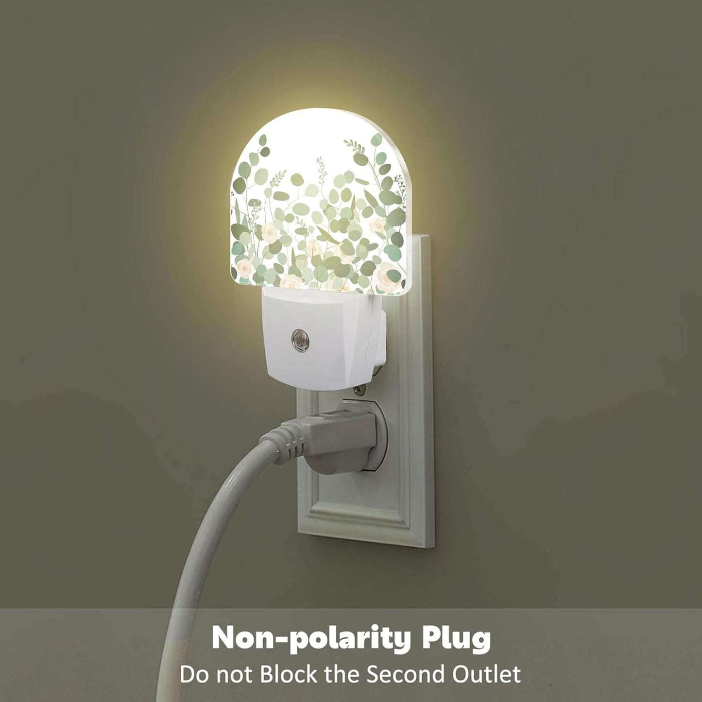 Green Eucalyptus and Rose Flowers Night Light for Kids,Watercolor Botanical Floral Leaves Night Light Plug in with Dusk to Dawn Sensor,0.5w Energy Saving S Nightlight for Boys Girls Home Decor
