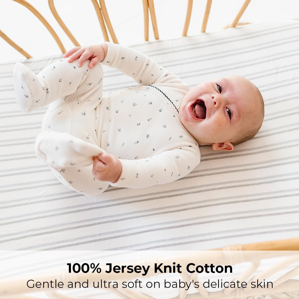 Ely’s & Co. Bassinet Sheets, Baby Boy Fitted Bassinet Mattress Sheet Set - 2 Pack, 100% Jersey Knit Cotton, fits Oval, Hourglass and Rectangle Mattress, 32”x16”x3” Blue Dragonflies + Stripes