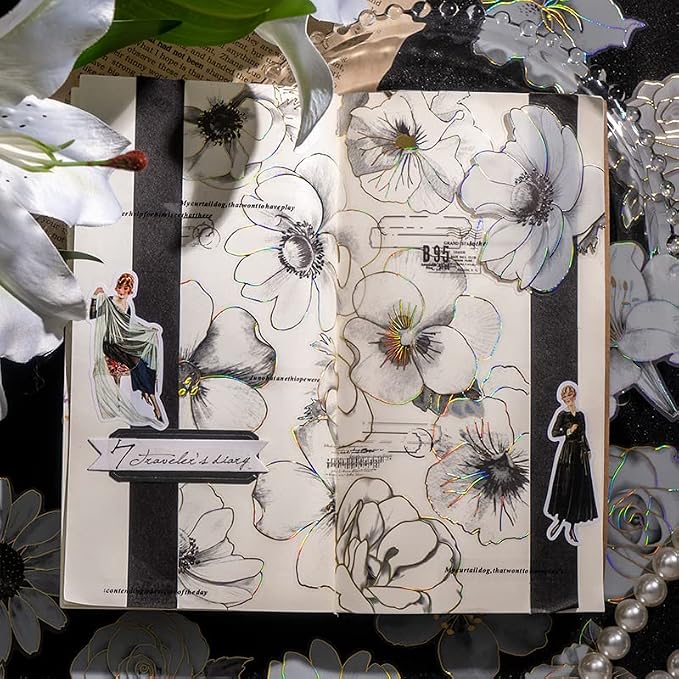 120pcs White Flower Scrapbook Stickers Pack, Vintage Roses Lilies Daisies