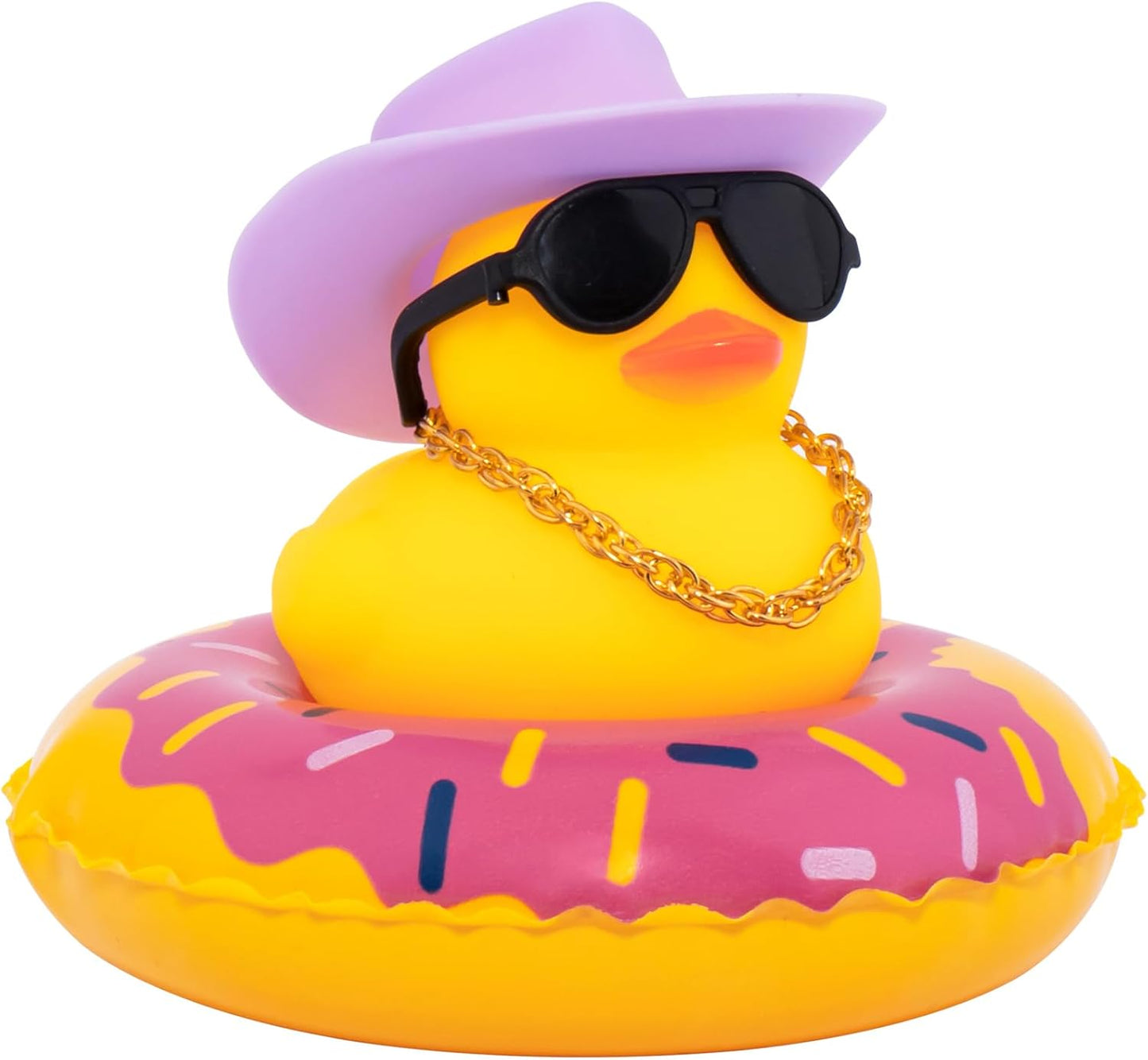 wonuu Car Rubber Duck, Yellow Duck Decoration Dashboard with Sun Hat Swim Ring Necklace Sunglasses for Car Dashboard Decorations, Purple Cowboy Hat-Purple Donut