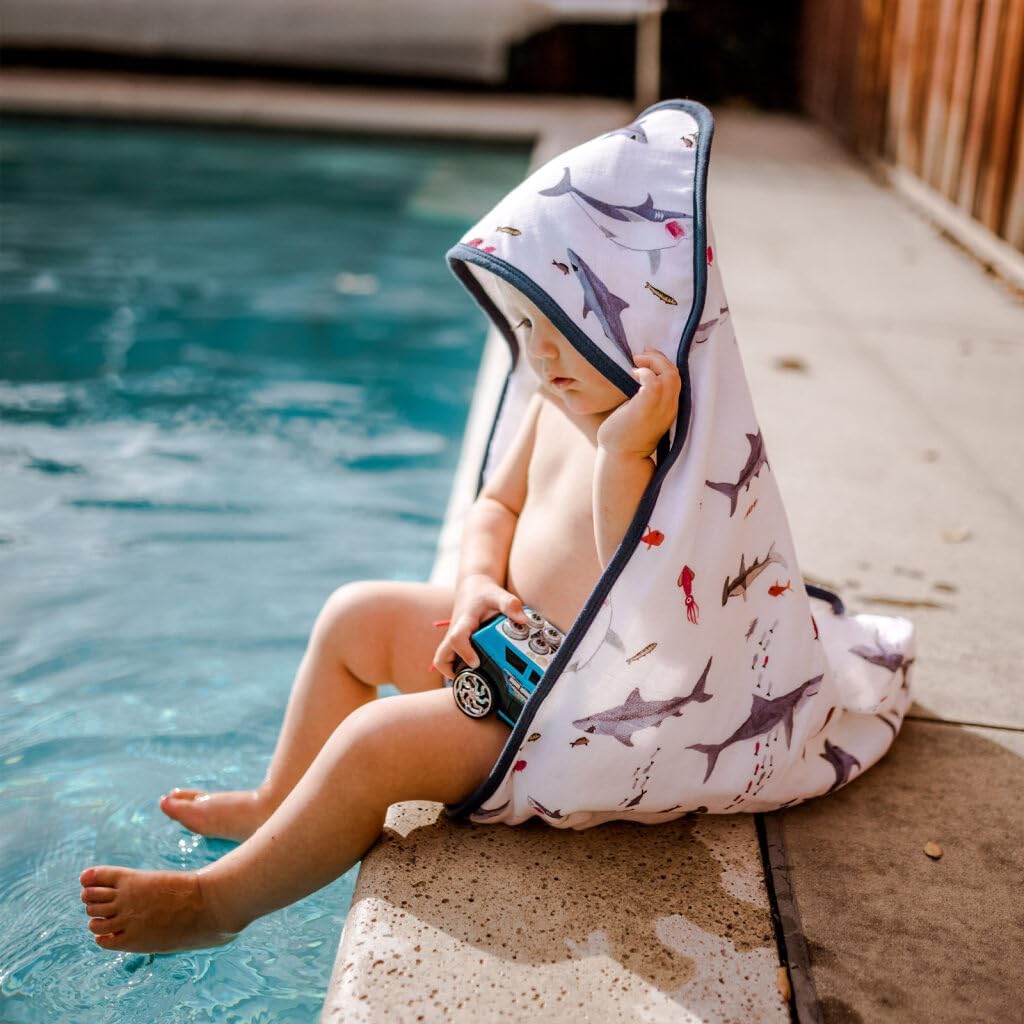Little Unicorn Premium Hooded Bath Towel| Absorbent Cotton & Terry Blend | Larger Size, 1-6 Years (Shark)