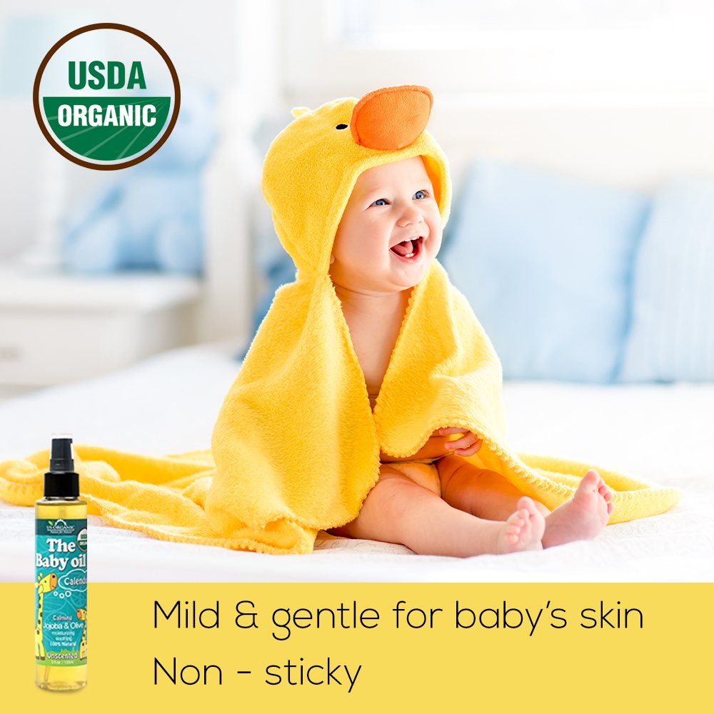 US Organic Baby Oil with Calendula, Jojoba, and Olive Oil with Vitamin E, USDA Certified Organic, No Alcohol, Paraben, Artificial Detergents, Color, Synthetic Perfumes, 5 fl. Oz (Pure Unscented)