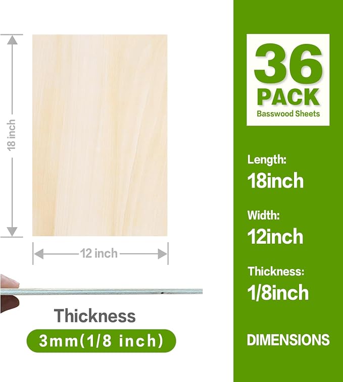 36 Pack Basswood Sheets 18"x12"x1/8", 3mm Basswood