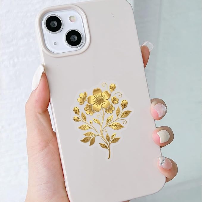 50PCS Gold Foil Floral Stickers, Metallic Botanical Decals, Waterproof PET
