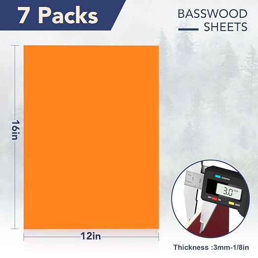 Rowood Colored Plywood Sheets for Laser Cutting, 7 Pack 3mm Thin Unfinished