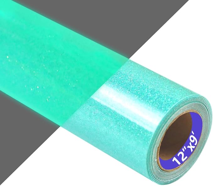 HTVVETUR Glitter Cyan Heat Transfer Vinyl, Glow in The Dark HTV Vinyl Roll 12"