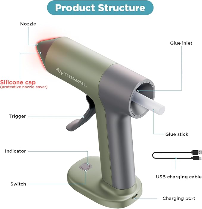 Tilswall Cordless Hot Glue Gun, 30s Fast Preheat