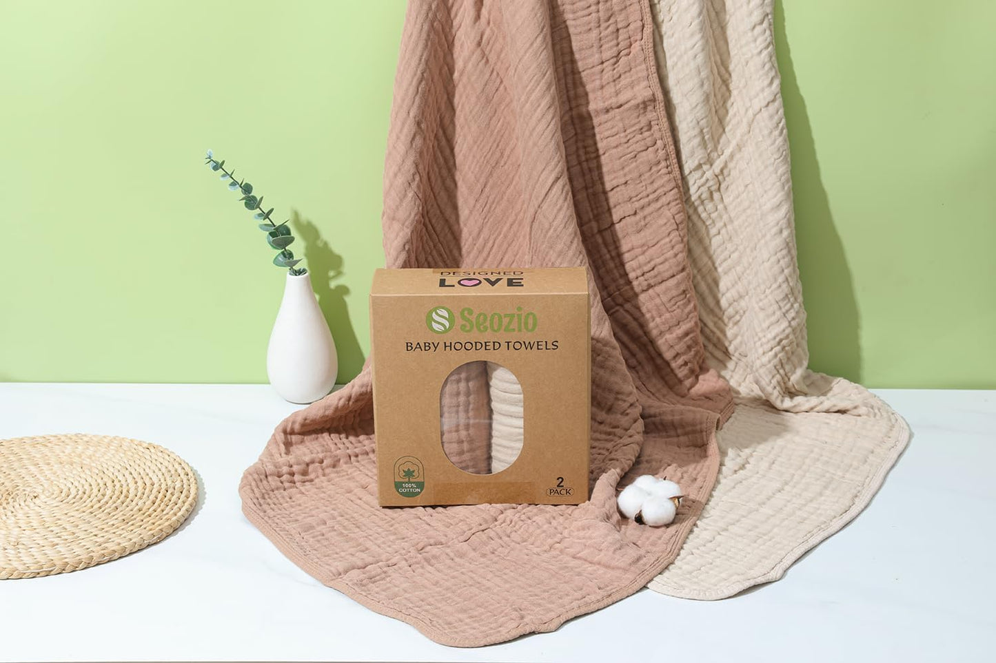 Muslin Hooded Baby Towels, 2 Pack 100% Cotton 32x32Inch Baby Bath Towel with Hood for Babies, Infant, Toddler, Soft and Absorbent Newborn Essential. (Light Bean Paste)