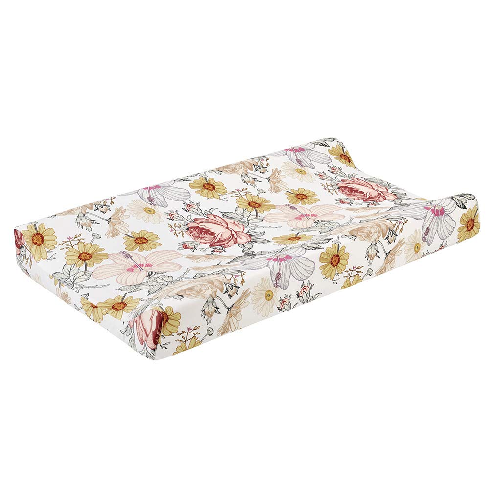 Stretchy Changing Pad Cover – Ultra Soft Diaper Changing Pad Table Sheets for Girls Boys Pure Cotton Safe and Snug Cradle Sheets Machine Washable Fit 32"/34'' x 16"Pad (Green Leaf + Flower)…