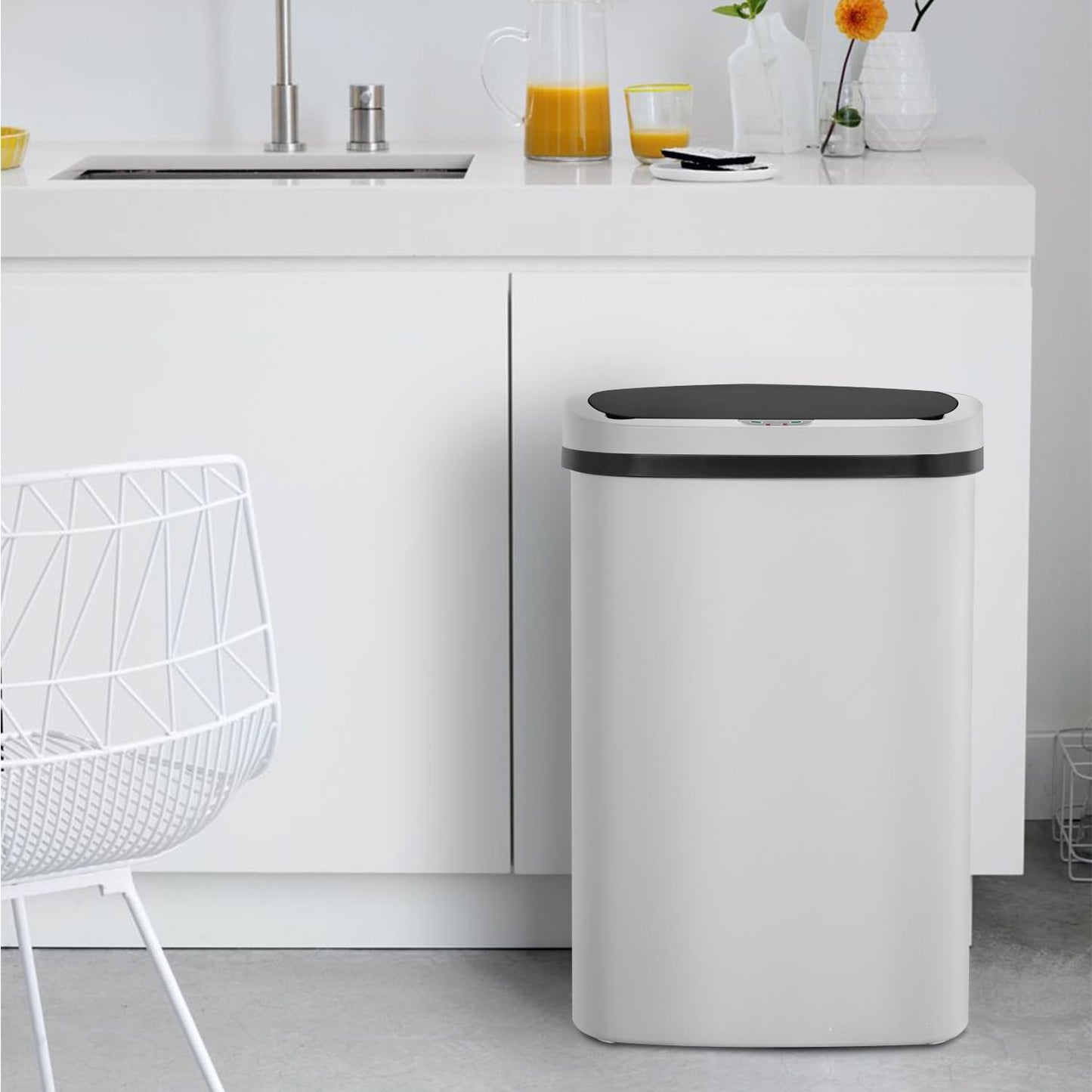 BestOffice | 13 Gallon Plastic Trash Can with Lid | White | Automatic Touchless Garbage Can | Odor Control | Modern Oval Design | Easy to Clean | Fits Any Kitchen, Bathroom, Office or Home