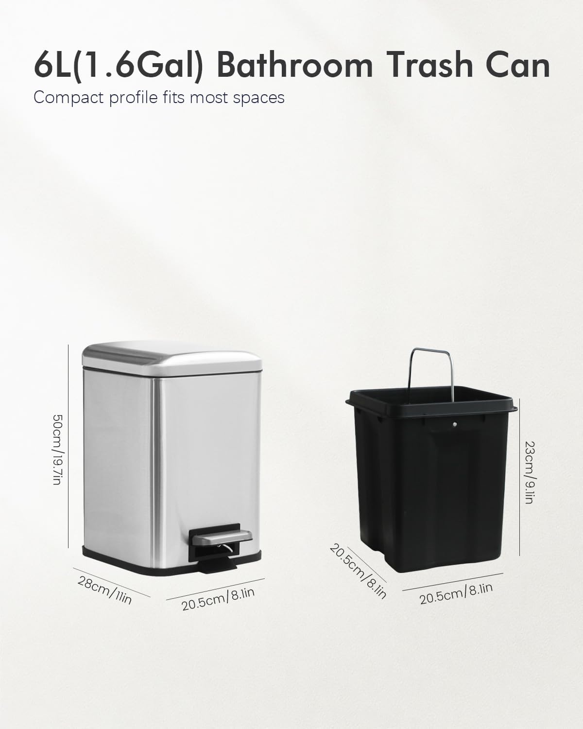 Bathroom Trash Can with Lid, 6 Liter / 1.6 Gallon Small Trash Can with Removable Liner Bucket, Soft Close lid & Step Pedal, Silver Stainless Steel Garbage Can for Bedroom, Office, Dorm