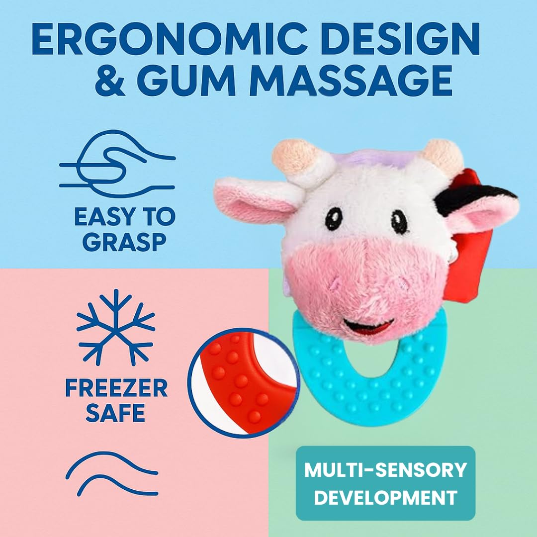 Wristy Buddy Teething Ring for Babies 0-6 8 10 12 Months | Cute Soft Cow Teething Toys & Gloves | Baby Teething Relief Toy Pack | Infant Chew Toys for 3-6 Months, 1 2 3 Years