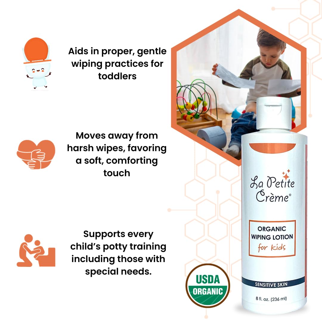 La Petite Creme French Premium Liniment Wiping Lotion for Kids (8 oz) - Potty Training Solution - Skin Cleanser & Moisturizer - Girls and Boys - USDA Certified Organic and EWG Verified