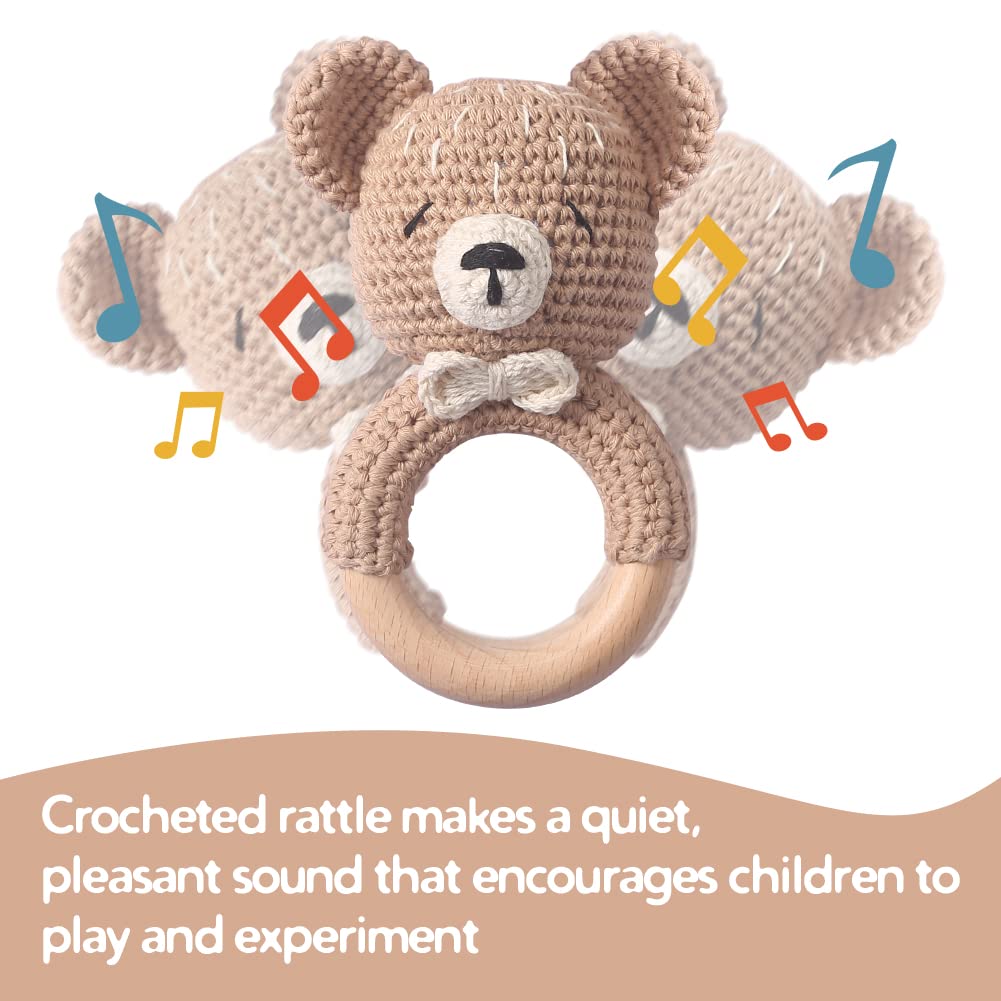 WOODEN TEETHER Baby Rattle, Shaker Toy,Crochet Baby Rattle, Crochet Baby Toys, Organic Wooden Newborn Toys, Newborn Animal Rattle Toys，Knitted Stuffed Animals Gifts for Baby, Kahki Bear