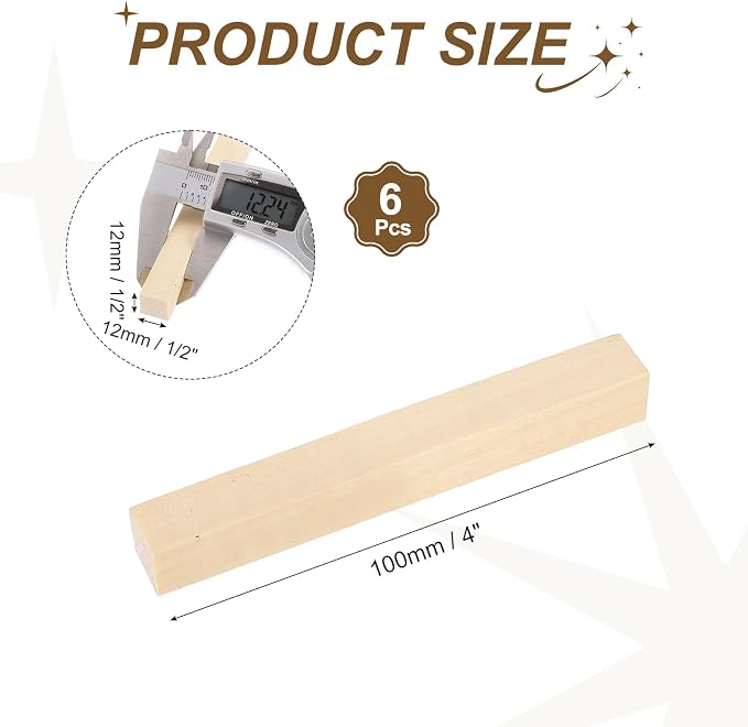 MECCANIXITY 6Pcs Basswood Sticks, 1/2" x 1/2" x 4" Square Wooden Dowel Rods