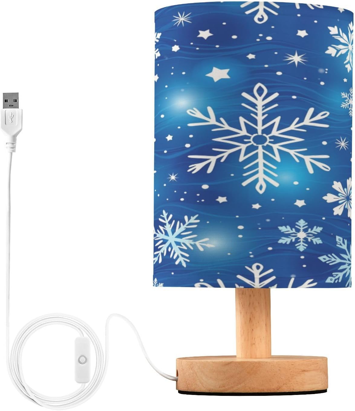 Blue Christmas Snowflakes Stars Table Lamp Bedroom Bedside Night Reading Desk Lamps Cylinder Nightstand Sleeping Light Lamp for Xmas Party Living Room Office Decor