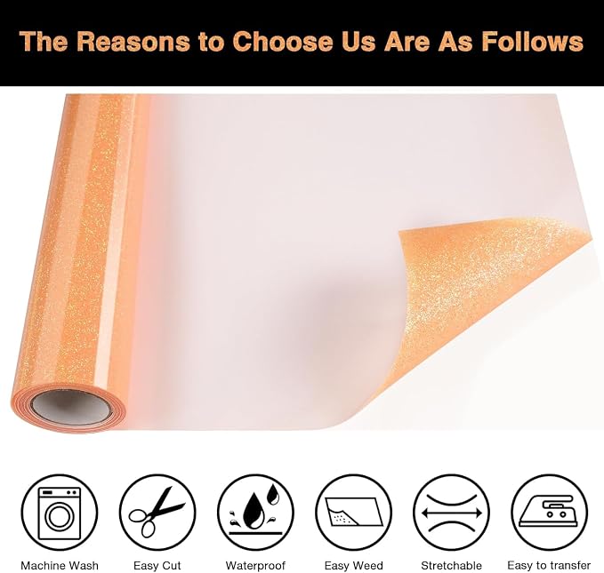 Orange Glitter HTV Heat Transfer Vinyl Roll 12inch x 20 ft