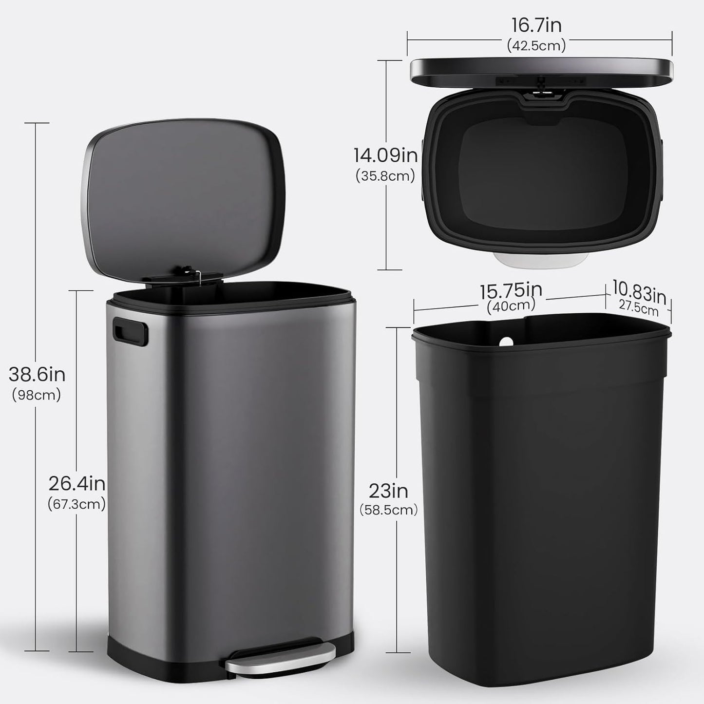 ELPHECO Kitchen Trash Can with Lid Soft Close, 13 Gallon / 50L Stainless Steel Pedal Garbage Can, Heavy-Duty Step Wastebasket with 20 Bags, Removable Bucket, Home Office, Titanium Silver