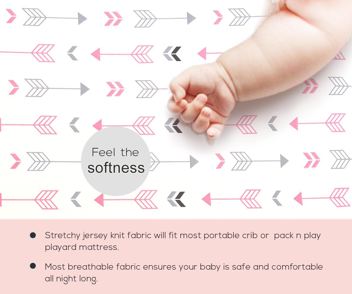 Stretchy Fitted Pack n Play Playard Sheet Set BROLEX 2 Pack Portable Mini Crib Sheets,Convertible Playard Mattress Cover,Ultra Soft Material,Pink White Arrow