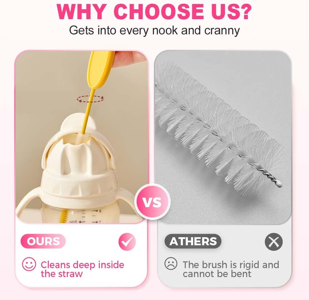 Extra Long Straw Cleaner Brush, Reusable Soft Silicone Cleaning Brush for Tumbler Lid Crevices, Glass Metal Smoothie Straws with Non Slip Handle (Yellow + Blue)