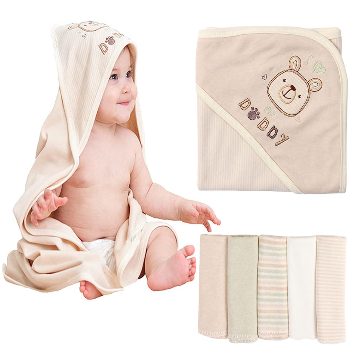 6-Pack Organic Cotton Baby Hooded Towel & Washcloths Set - Ultra Soft, Reusable, Baby Bath Towel for Newborns, Infants & Toddlers, Unisex Gifts, Brown 37.5 x 37.5 Inches