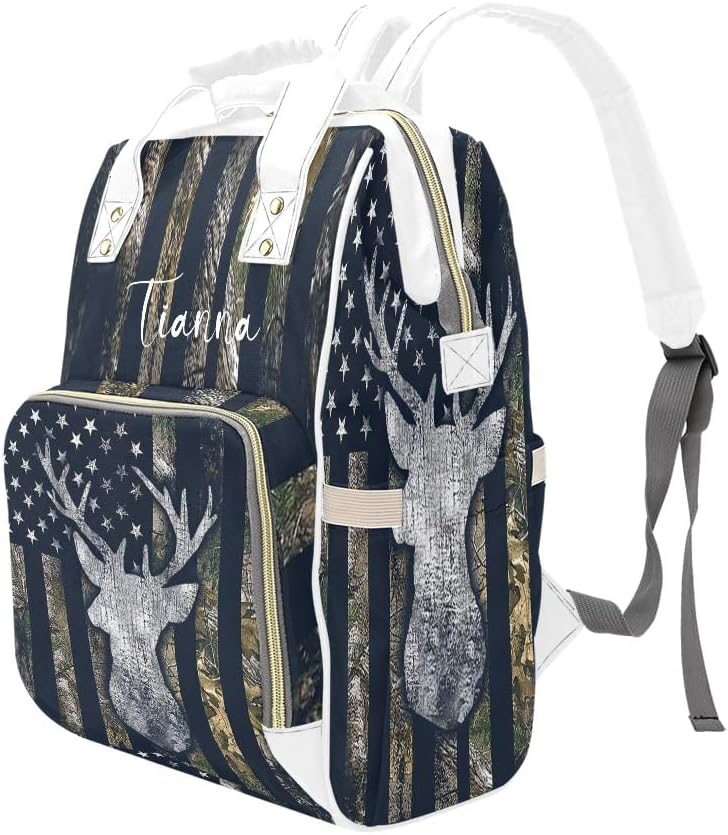 American Flag Camo Deer Diaper Bags with Name Waterproof Mummy Backpack Nappy Nursing Baby Bags Gifts Tote Bag for Women One Size