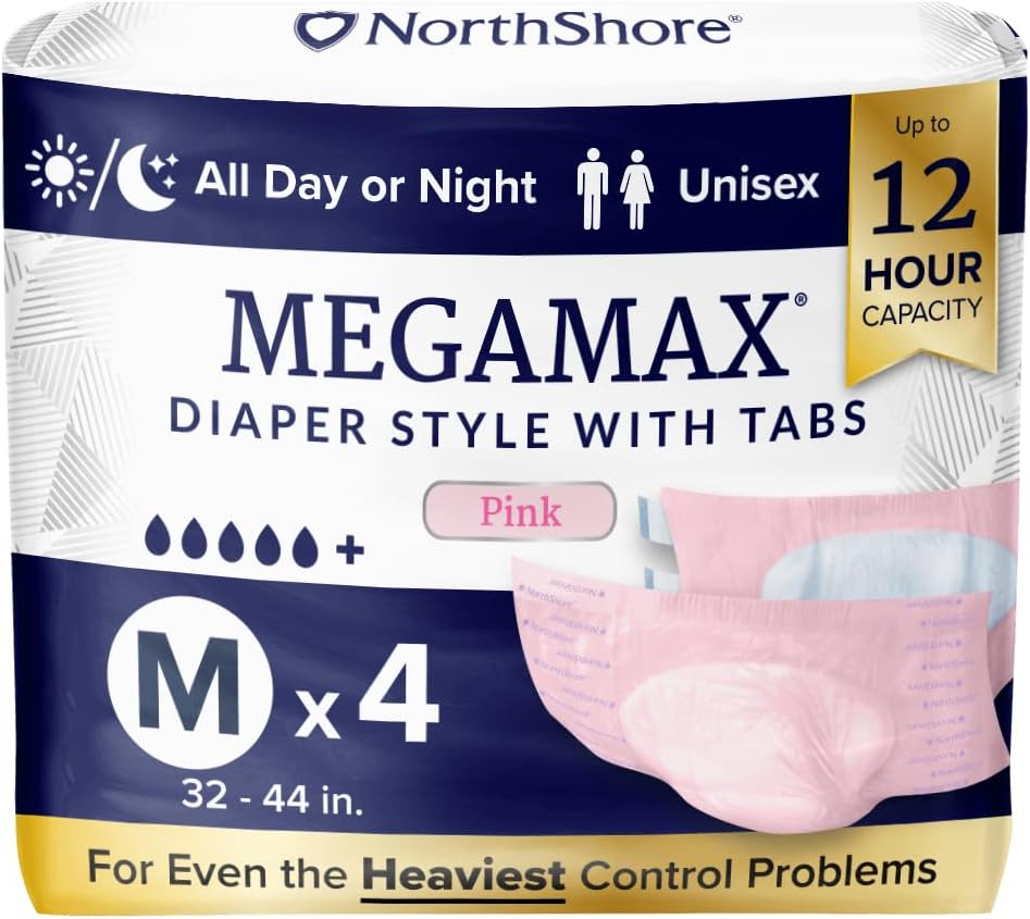 NorthShore MegaMax Adult Overnight Diapers, 12-Hour Tab-Style, Medium, 4 Count Starter Pack, Pink, 32-44 inches, Unisex Incontinence Underwear