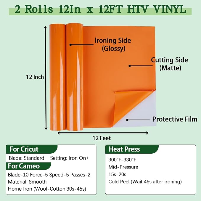 guangyintong Orange Heat Transfer Vinyl HTV Rolls, 2 Rolls 12" x 12ft Orange