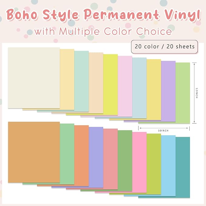 Tintnut Boho Permanent Vinyl 20 Sheets 12''x10'' Pastel Adhesive Vinyl | Solid