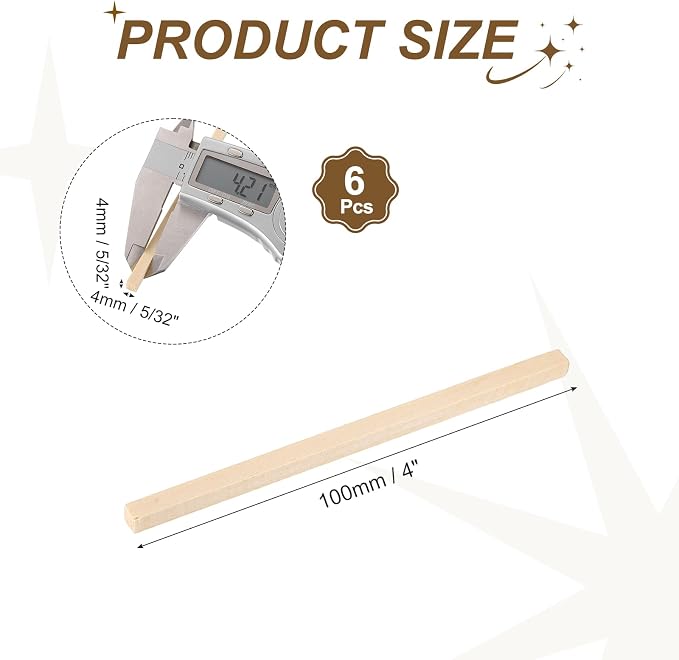 MECCANIXITY 6Pcs Basswood Sticks, 5/32" x 5/32" x 4" Square Wooden Dowel Rods