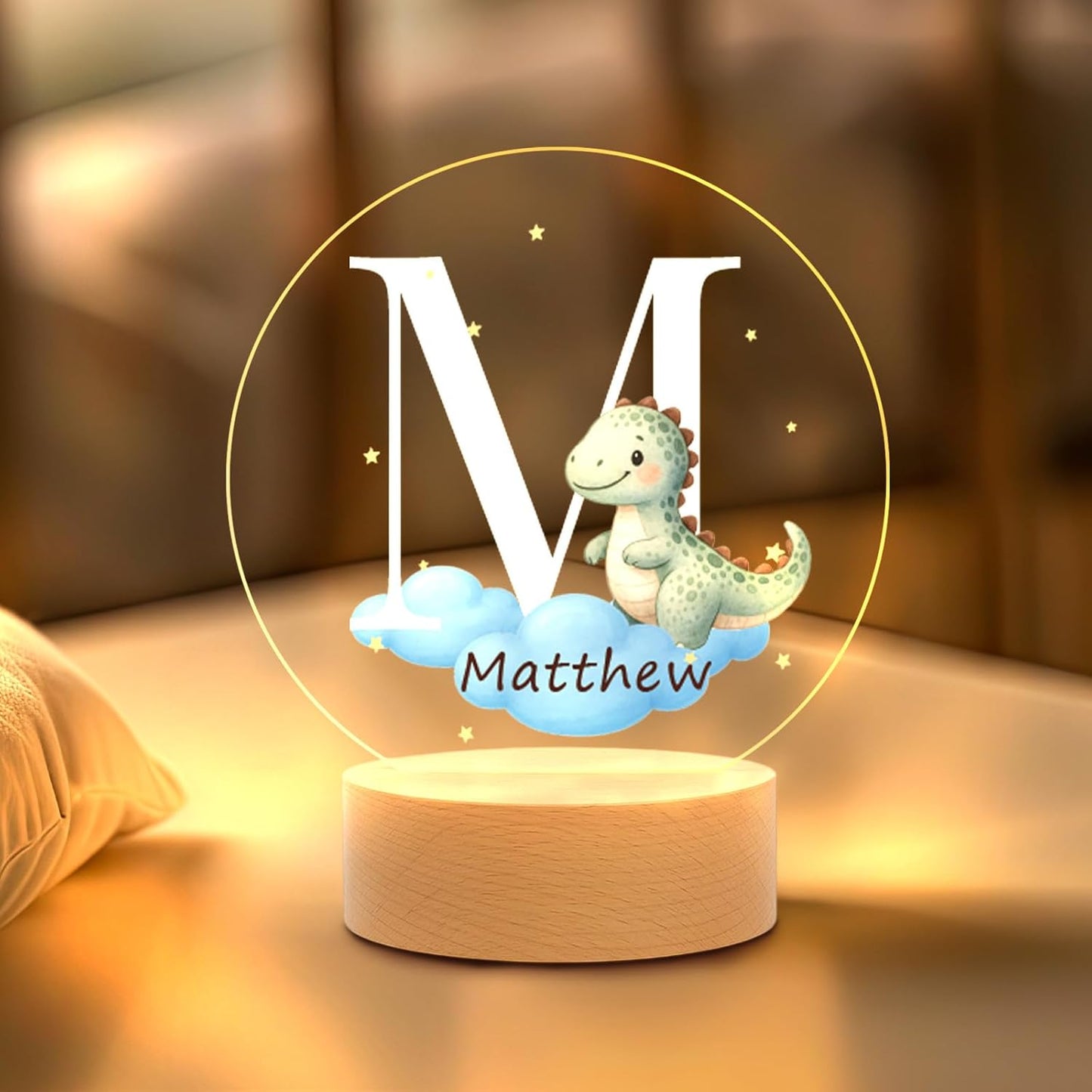 Custom Baby Gift Night Light for Baby Boys Girls Nursery Decor, Personalized Initial Name LED Night Light with Wooden Base, LED Color-Changing Lamp for Toddlers Kids 2