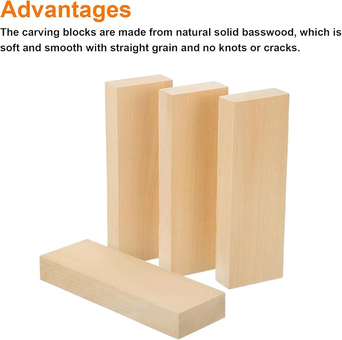 MECCANIXITY 4Pcs Basswood Carving Block, 0.8"x2"x6" Square Wooden Dowels Blocks