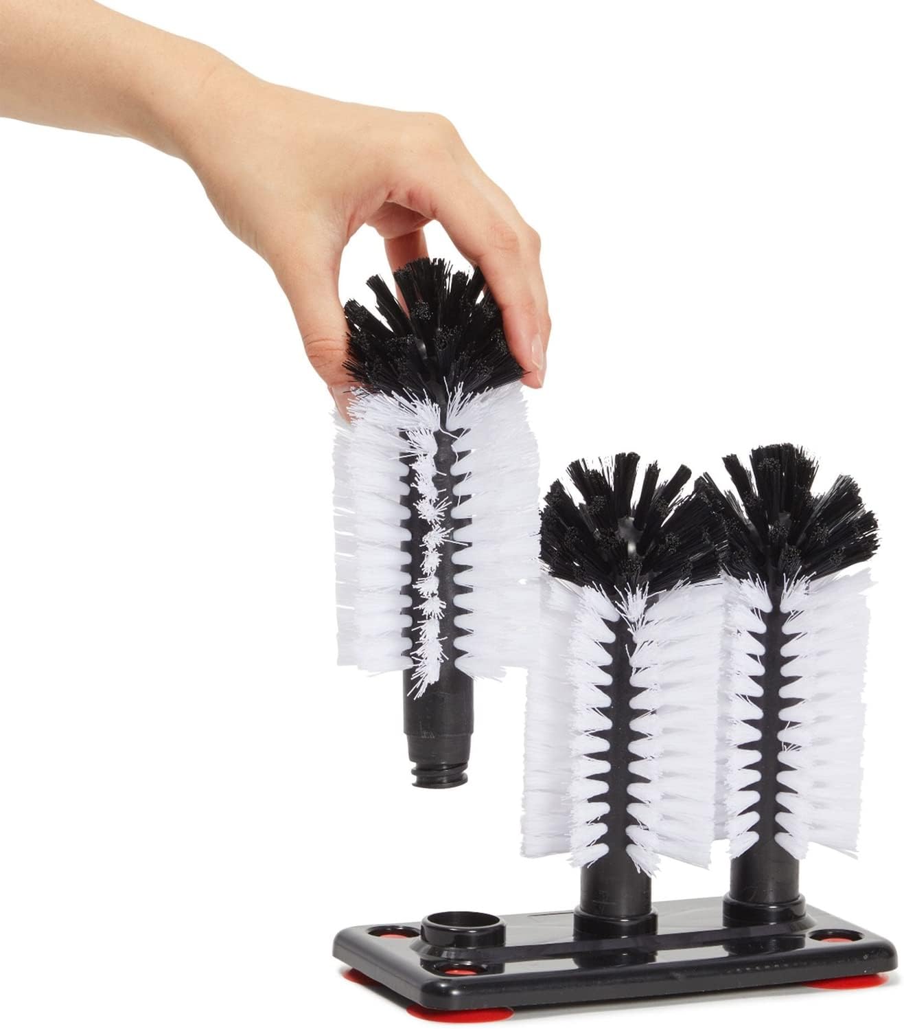 Stockroom Plus Glass Washer for Bar Sink - Bar Glass Cleaner with Stable Suction Cup Base - Three-Head Bottle Brush for Deep Clean - Detachable Cup Brush Cleaner Heads with Drain Hole - White & Black