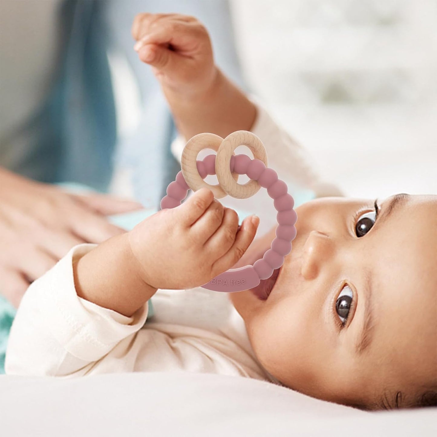 Baby Teether, One Piece Design Silicone & Beech Teething Ring Toy for Babies, BPA Free (Power Rose)