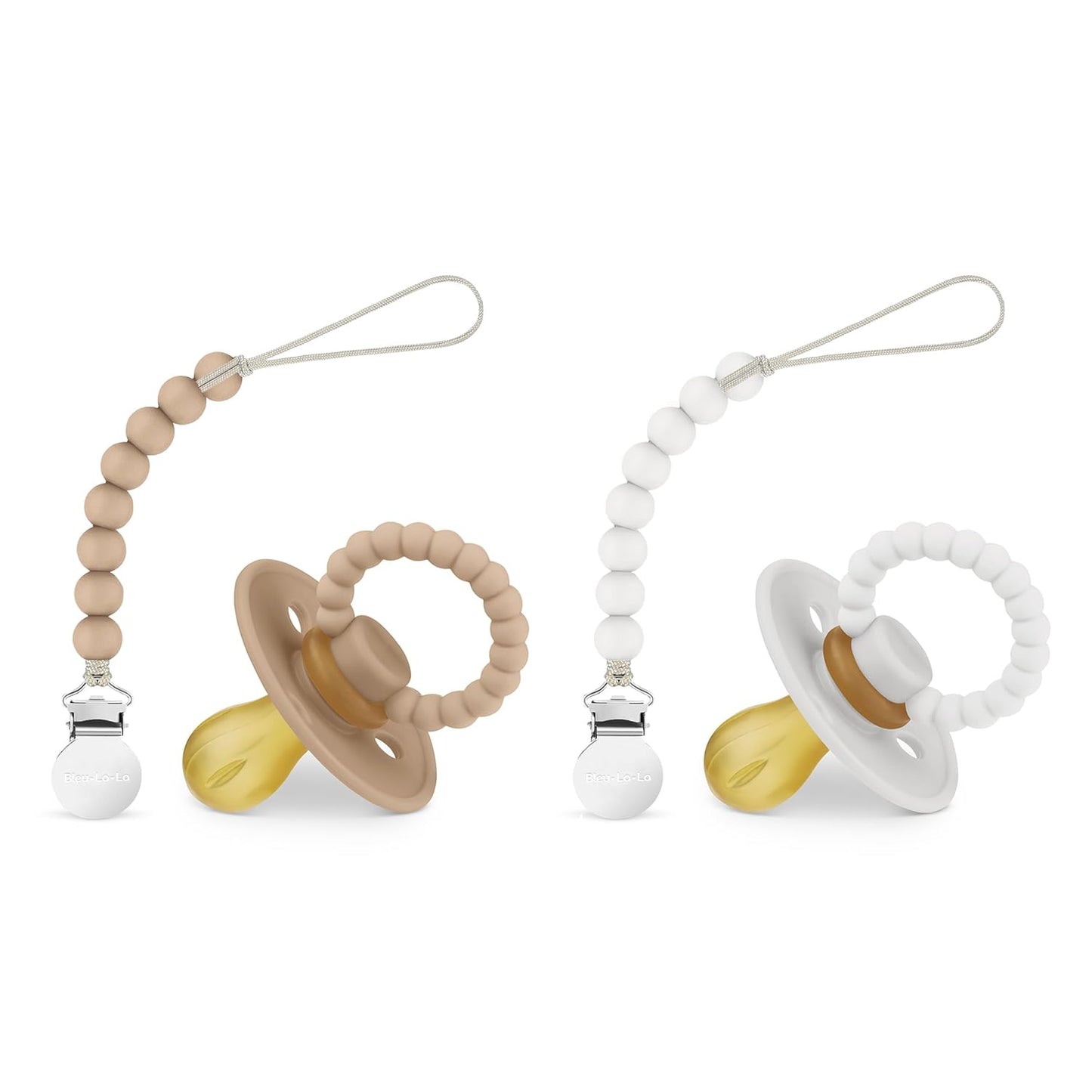 Luladream Pacifier and Clip Set - Natural Rubber Nipple - Soft Teething Handle - for Infants Baby's and Toddlers, 0-18 Months (Camel + Cream + Clips)