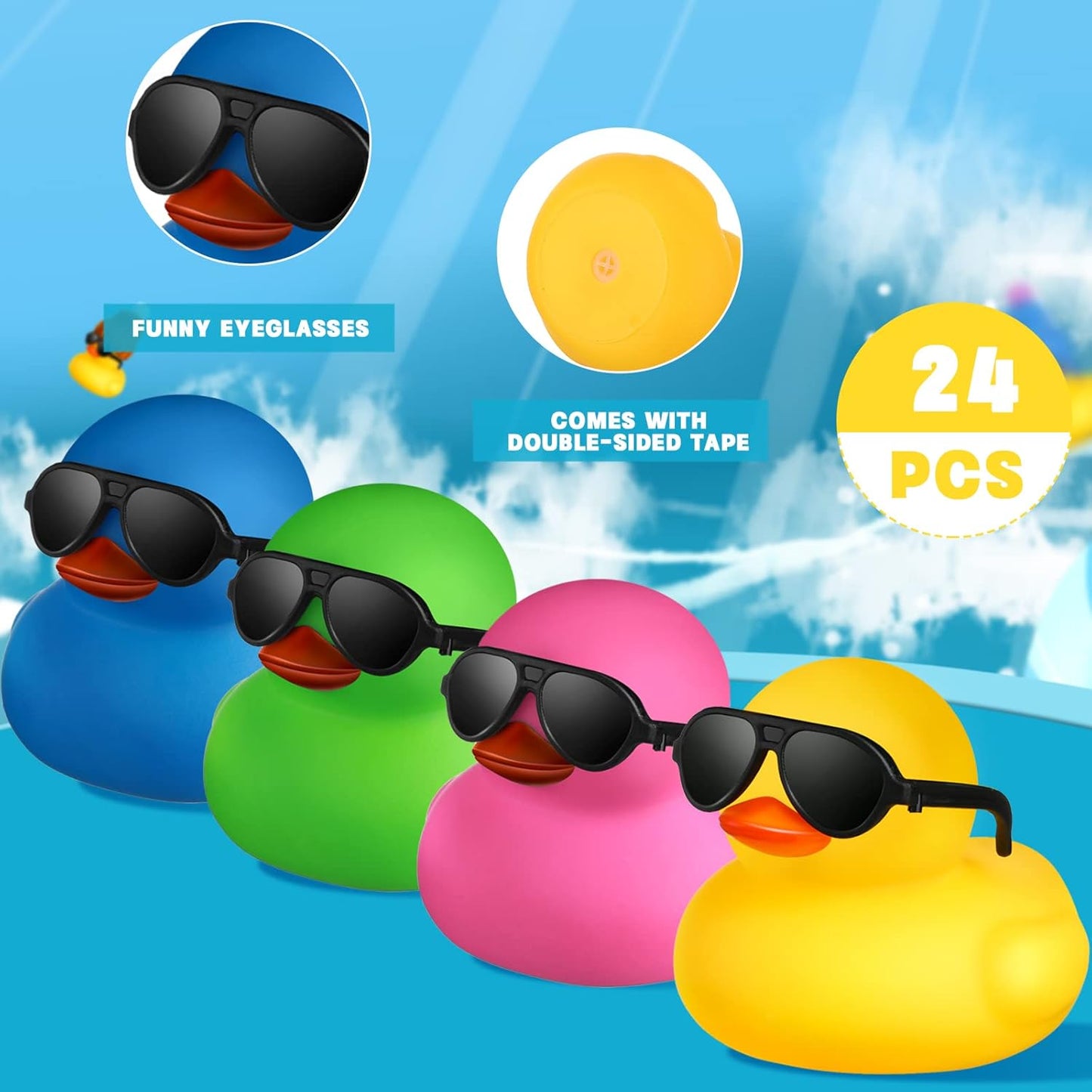 24 Pcs Mini Rubber Ducks with Sunglasses, Rubber Ducks in Bulk Valentine Bathtub Toys for Cruise Valentines Kids Classroom Gift Exchange(Eyeglasses,Mixed Colors)