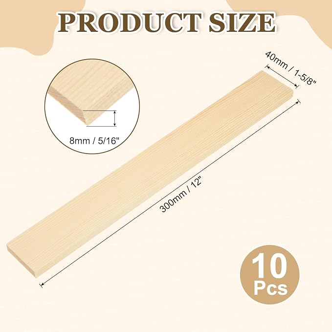 MECCANIXITY 10Pcs Wood Strips Slats, 5/16" x 1‑5/8" x 12" Thin Wood Sticks Flat
