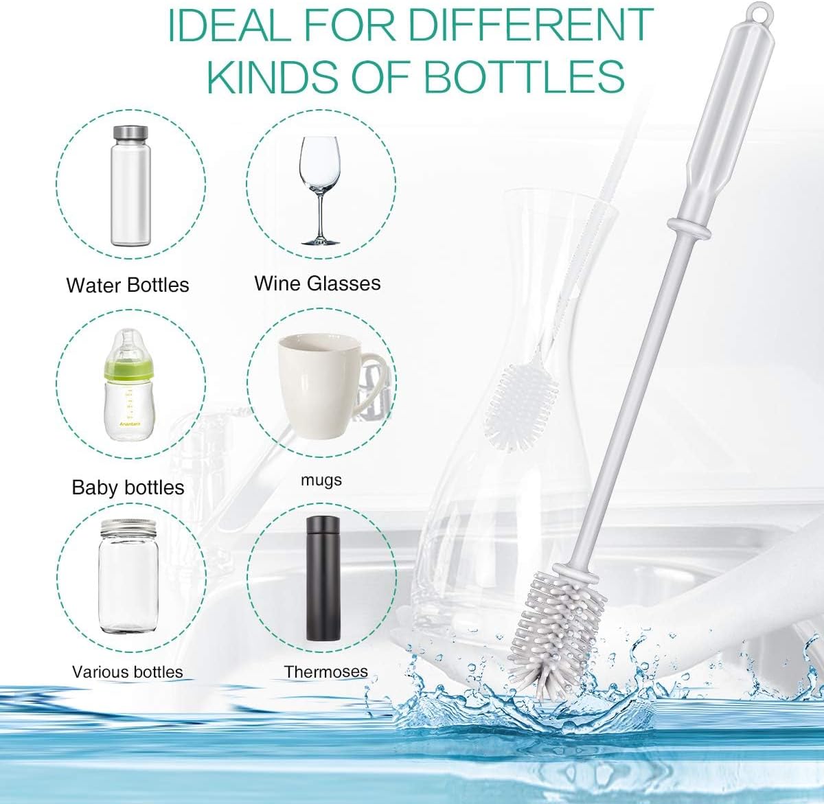 Silicone Bottle Brush,Bottle Cleaning Brush,Long Handle,Flexible and Bendable Kitchen Cleaner Brush for Narrow Neck Containers,Water Cup,Baby Bottles,Sports Bottle,Glassware