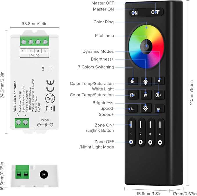 BTF-LIGHTING 5050SMD FCOB COB RGB RF Remote RC03RFB &3PCS C03RF LED Tuya LED Controller Kit 4 Zones RF 2.4GHz Wireless Remote Group Control PWM RGB (+ R G B) 4pin LED Strip DC5V DC12V DC24V
