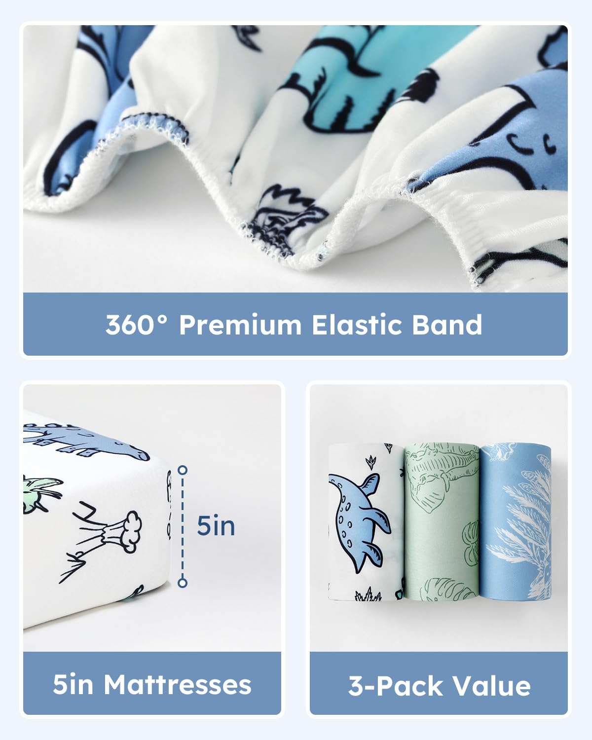 Pack and Play Sheets Fitted 3 Pack, Mini Crib Sheets for Pack N Play Mattress Stretchy Portable Playard Sheets, Soft Breathable Green & Blue Dinosaur