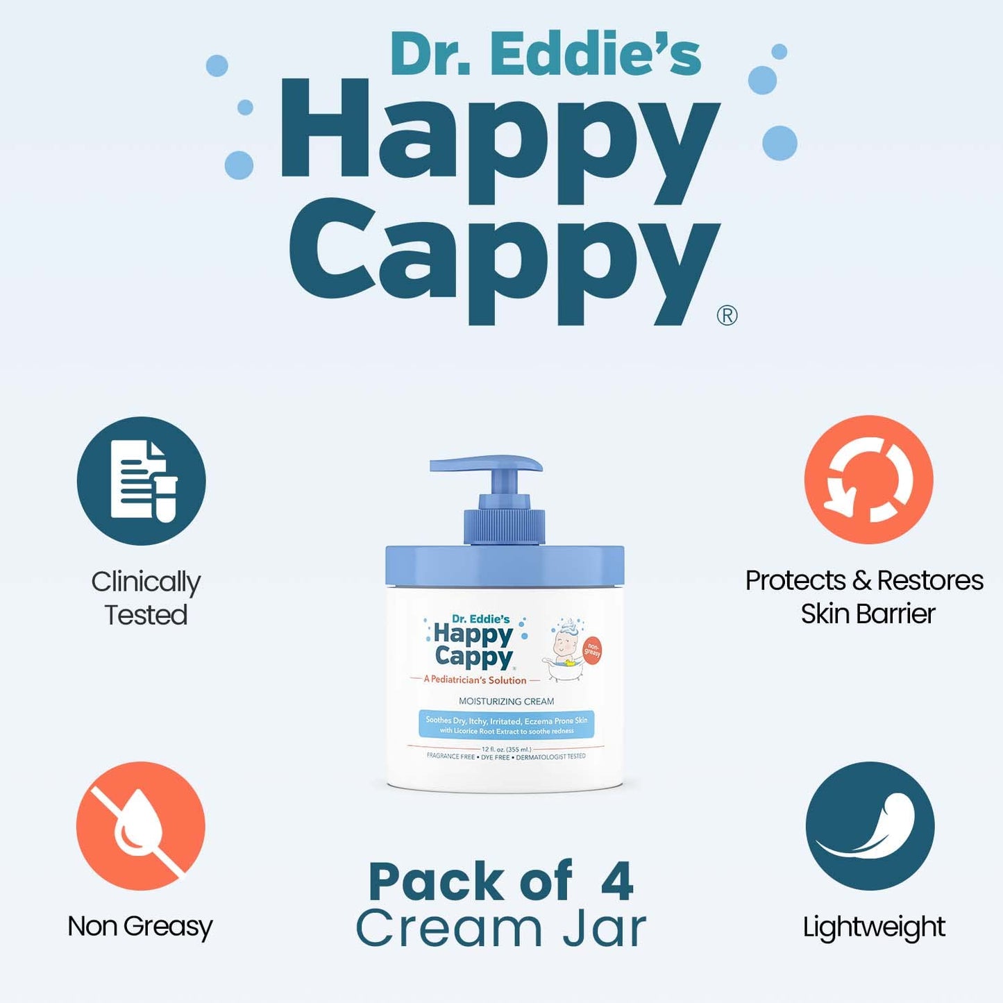 Happy Cappy Moisturizing Cream - Baby Eczema Cream, Eczema Lotion for Kids, Pediatrician-Formulated, Gentle, Paraben Free, Hypoallergenic, Soothes Dry Skin - 12 Fl Oz (Pack of 4)