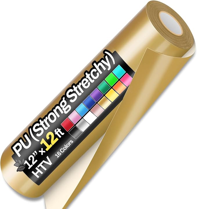 Sooez 12" x 12ft Heat Transfer Vinyl Rolls, Strong Stretchy PU HTV Gold