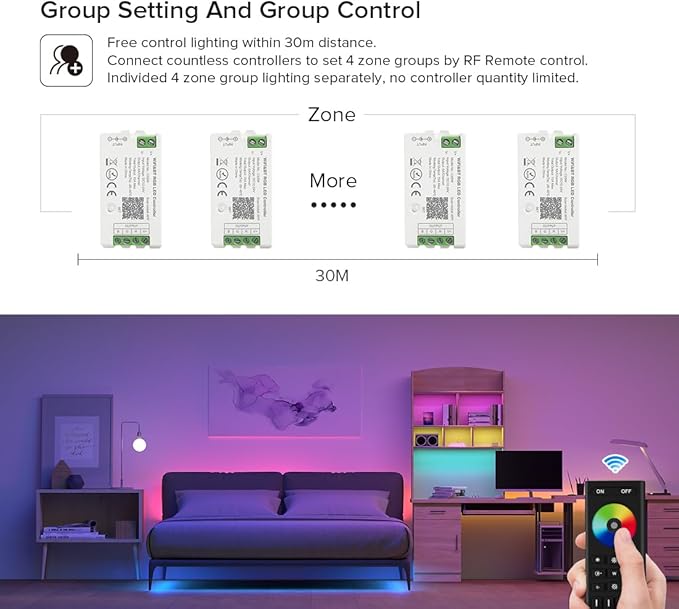 BTF-LIGHTING 5050SMD FCOB COB RGB RF Remote RC03RFB &3PCS C03RF LED Tuya LED Controller Kit 4 Zones RF 2.4GHz Wireless Remote Group Control PWM RGB (+ R G B) 4pin LED Strip DC5V DC12V DC24V